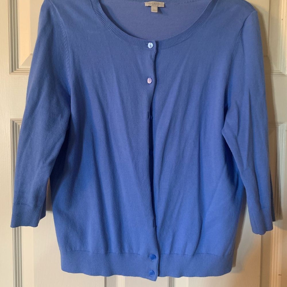 Ladies 3/4 sleeve cardigan sweater in periwinkle